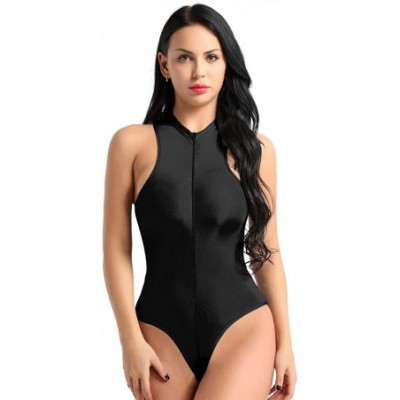 Shapewear Womens See Through Mock Neck Sleeveless High Cut Thongs Zippered Lingerie Leotard Bodysuit - Black - CZ18SRTRWIS