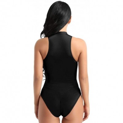 Shapewear Womens See Through Mock Neck Sleeveless High Cut Thongs Zippered Lingerie Leotard Bodysuit - Black - CZ18SRTRWIS