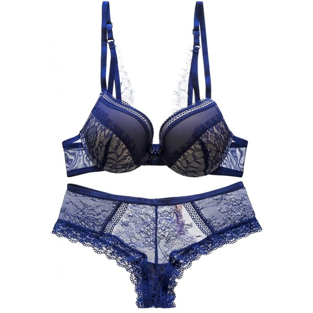 Bras Women's Lace Bra Set Padded Push up Sexy Lingerie Underwire Bra and Panties - Blue - CX18IQ3NK00