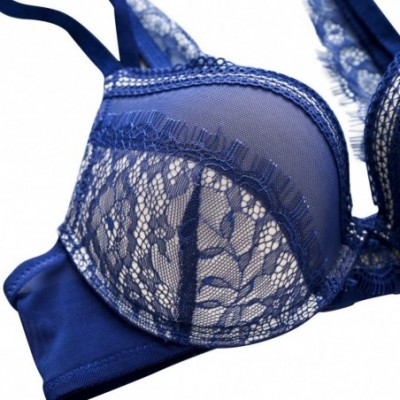 Bras Women's Lace Bra Set Padded Push up Sexy Lingerie Underwire Bra and Panties - Blue - CX18IQ3NK00