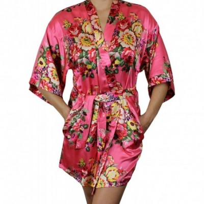 Robes Women's Floral Satin Kimono Short Bridesmaid Robe with Pockets - Silky Touch - Coral - CZ182GQ9I4H