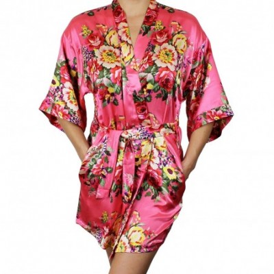 Robes Women's Floral Satin Kimono Short Bridesmaid Robe with Pockets - Silky Touch - Coral - CZ182GQ9I4H