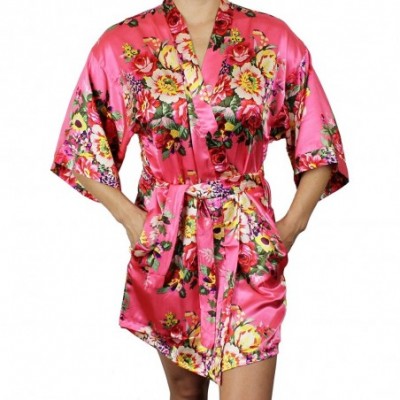 Robes Women's Floral Satin Kimono Short Bridesmaid Robe with Pockets - Silky Touch - Coral - CZ182GQ9I4H