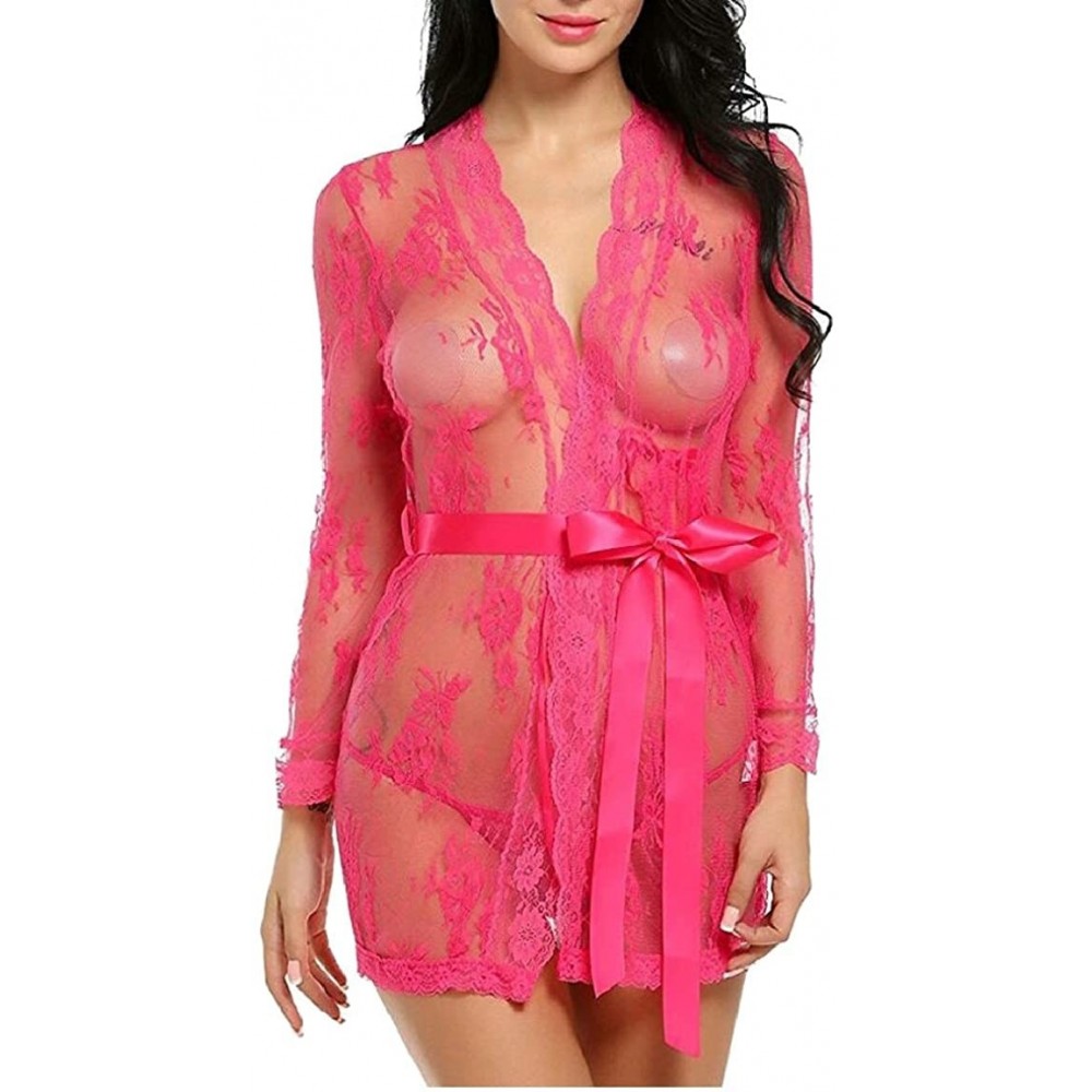 Baby Dolls & Chemises Womens Sexy Lingerie Lace Trim Satin Kimono Robe Chemise - 1 - CL18E86UKO3