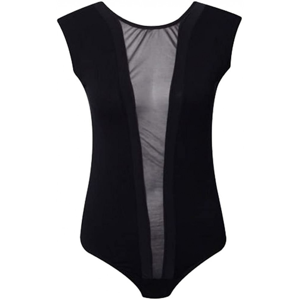 Shapewear New Womens Sleeveless Full Mesh Insert See Through Stretch Bodysuit Leotard Top - Black - Cap Sleeve Full Mesh - C4...