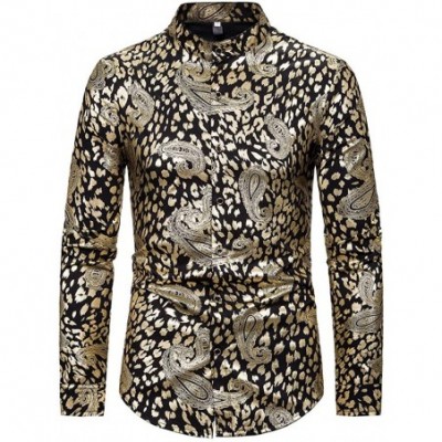 Thermal Underwear Men's Casual Turn-Down Collar Long Sleeve Shirt Gentleman Printing Wedding Tops - Gold - CZ18A4824MR