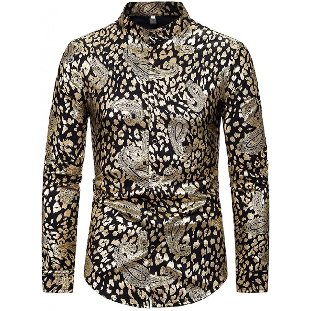 Thermal Underwear Men's Casual Turn-Down Collar Long Sleeve Shirt Gentleman Printing Wedding Tops - Gold - CZ18A4824MR