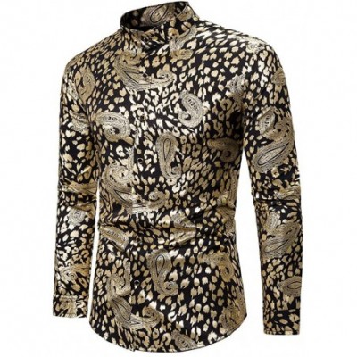 Thermal Underwear Men's Casual Turn-Down Collar Long Sleeve Shirt Gentleman Printing Wedding Tops - Gold - CZ18A4824MR