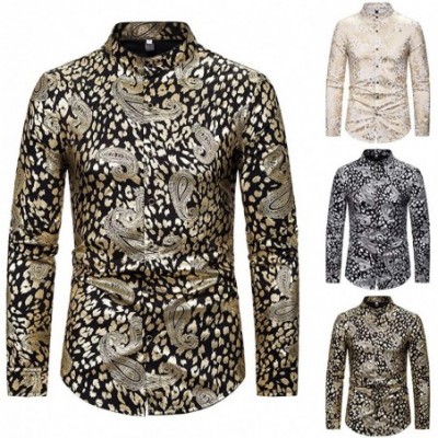 Thermal Underwear Men's Casual Turn-Down Collar Long Sleeve Shirt Gentleman Printing Wedding Tops - Gold - CZ18A4824MR