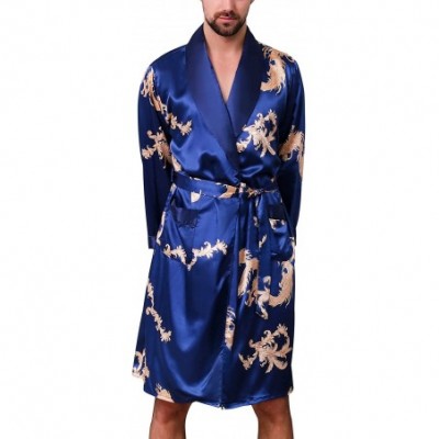 Robes Men's Satin Kimono Robe Silky Nightgown Long Sleeves Spa Luxury Dargon Loungewear - Blue - CS18MCWUCSZ