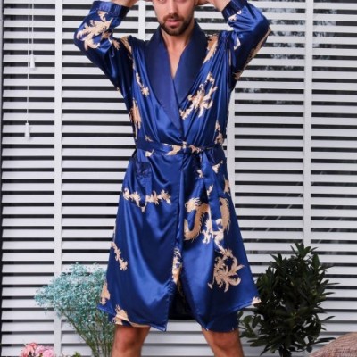 Robes Men's Satin Kimono Robe Silky Nightgown Long Sleeves Spa Luxury Dargon Loungewear - Blue - CS18MCWUCSZ