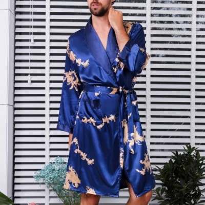 Robes Men's Satin Kimono Robe Silky Nightgown Long Sleeves Spa Luxury Dargon Loungewear - Blue - CS18MCWUCSZ