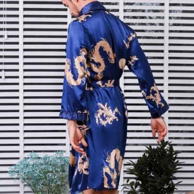 Robes Men's Satin Kimono Robe Silky Nightgown Long Sleeves Spa Luxury Dargon Loungewear - Blue - CS18MCWUCSZ