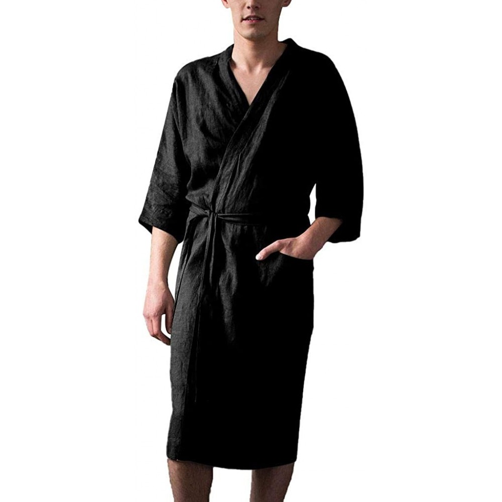 Robes Men's Fashion Short Sleeved Long Bathrobe Home Clothes Solid Color Linen Pajamas Robe Black - CE18ROLI7SO