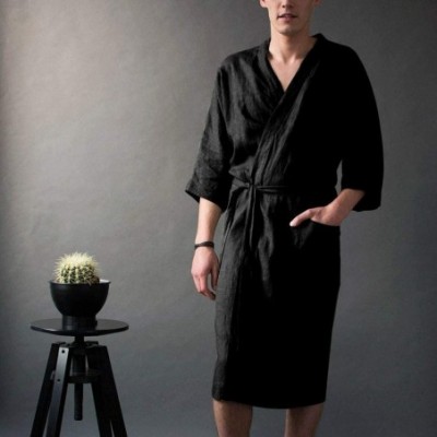 Robes Men's Fashion Short Sleeved Long Bathrobe Home Clothes Solid Color Linen Pajamas Robe Black - CE18ROLI7SO