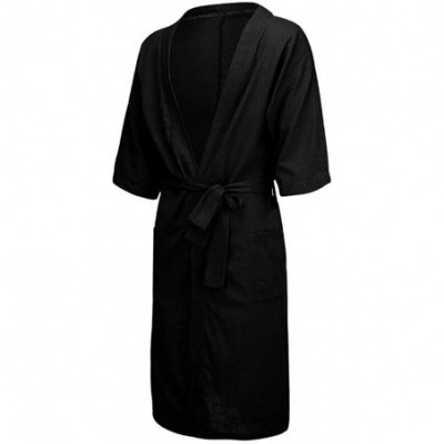 Robes Men's Fashion Short Sleeved Long Bathrobe Home Clothes Solid Color Linen Pajamas Robe Black - CE18ROLI7SO