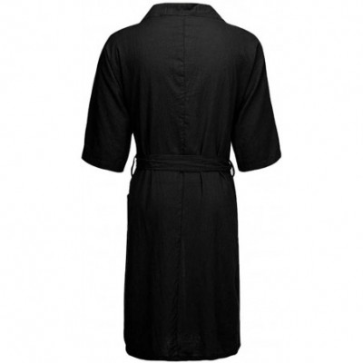 Robes Men's Fashion Short Sleeved Long Bathrobe Home Clothes Solid Color Linen Pajamas Robe Black - CE18ROLI7SO