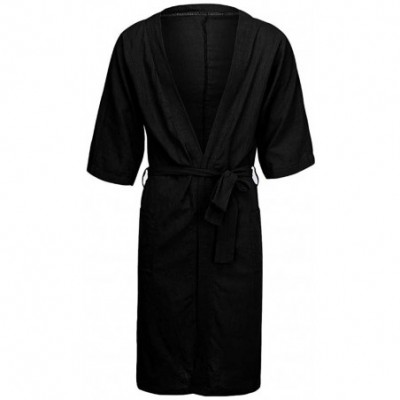 Robes Men's Fashion Short Sleeved Long Bathrobe Home Clothes Solid Color Linen Pajamas Robe Black - CE18ROLI7SO