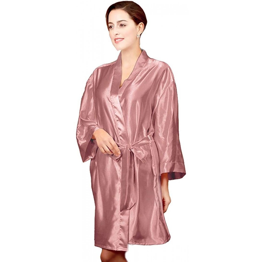 Robes Women's Short Satin Kimono Plus Robes Housecoat Loungewear - Deep-pink - C8197YNLI5Q