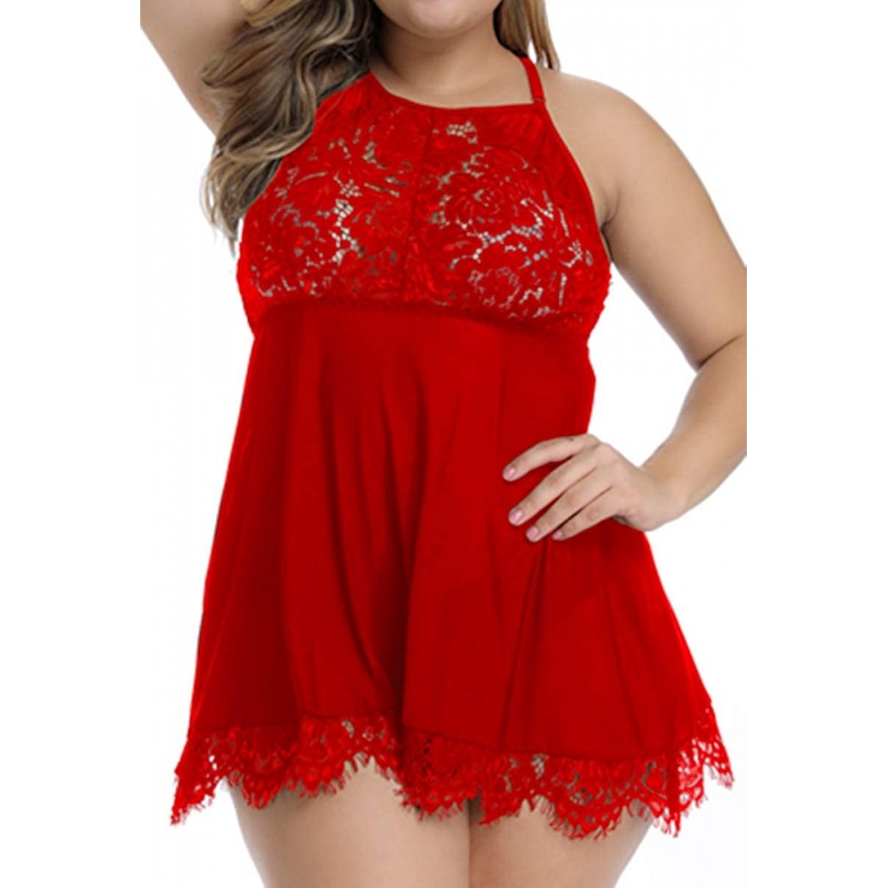 Baby Dolls & Chemises Plus Size Lingerie Babydoll Lace Floral Halter Sleepwear Set High Neck Chemise - Red - C718S0TR8OS