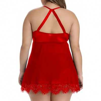 Baby Dolls & Chemises Plus Size Lingerie Babydoll Lace Floral Halter Sleepwear Set High Neck Chemise - Red - C718S0TR8OS