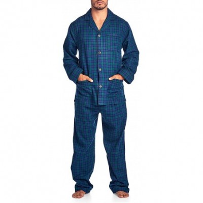 Sleep Sets Men's Flannel Long Sleeve Pajamas Set Plaid Sleepwear & Loungewear Button Down PJ Set - Green Blue Plaid - CG188OQ...