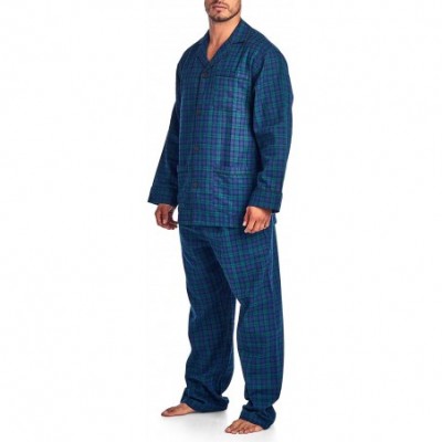 Sleep Sets Men's Flannel Long Sleeve Pajamas Set Plaid Sleepwear & Loungewear Button Down PJ Set - Green Blue Plaid - CG188OQ...