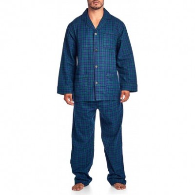 Sleep Sets Men's Flannel Long Sleeve Pajamas Set Plaid Sleepwear & Loungewear Button Down PJ Set - Green Blue Plaid - CG188OQ...