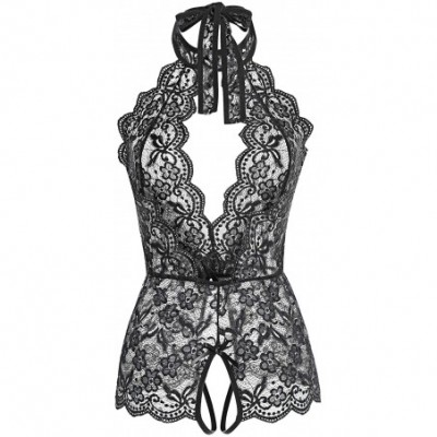 Baby Dolls & Chemises Women One Piece Lingerie Lace Sexy Baby Dolls Teddy Sleepwear - Dark Black - CE18M7ZW6MG