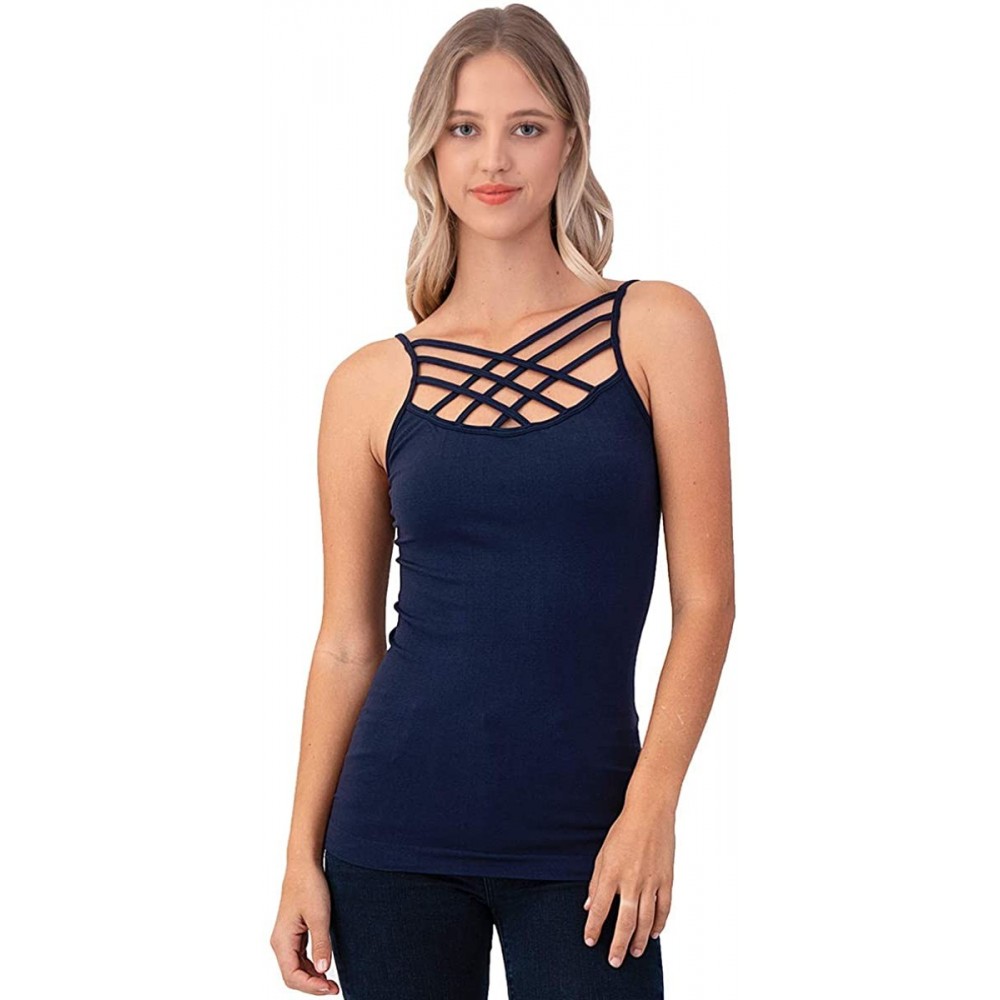 Camisoles & Tanks Women Sexy Criss Cross Front Spaghetti Strap Basic Round HollowOut Neck Seamless Camisole Tank Top - Navy -...