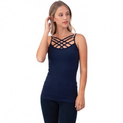 Camisoles & Tanks Women Sexy Criss Cross Front Spaghetti Strap Basic Round HollowOut Neck Seamless Camisole Tank Top - Navy -...