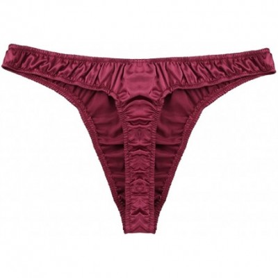 G-Strings & Thongs Men's Shiny Satin Ruffled Triangle Briefs Bikini Thong Underwear Low Rise G-String Underpants - Wine Red -...