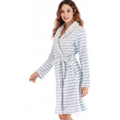 Robes Women's Shawl Collar Bathrobe Sleepwear Pockets Striped Lounge Robe - Blue White - CK18OY5TSMY