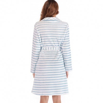 Robes Women's Shawl Collar Bathrobe Sleepwear Pockets Striped Lounge Robe - Blue White - CK18OY5TSMY