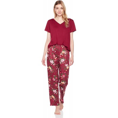 Sets Women's Sleepwear Knit V-Neck Short-Sleeve Tee T-Shirt&Pant Pajama Set - Burgundy Solid/Burgundy Floral - C818036GUSR