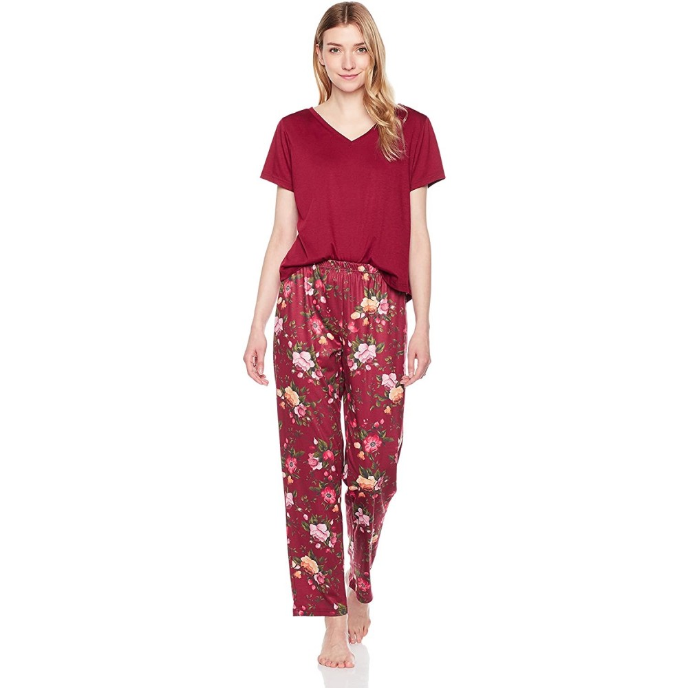 Sets Women's Sleepwear Knit V-Neck Short-Sleeve Tee T-Shirt&Pant Pajama Set - Burgundy Solid/Burgundy Floral - C818036GUSR