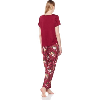 Sets Women's Sleepwear Knit V-Neck Short-Sleeve Tee T-Shirt&Pant Pajama Set - Burgundy Solid/Burgundy Floral - C818036GUSR