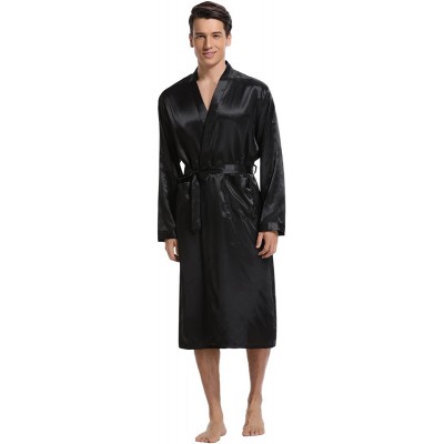 Robes Men's Satin Robe Long Bathrobe Lightweight Sleepwear - Black - CL188005U62