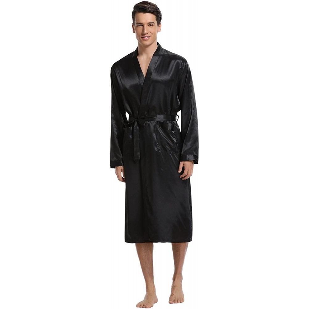 Robes Men's Satin Robe Long Bathrobe Lightweight Sleepwear - Black - CL188005U62