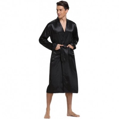 Robes Men's Satin Robe Long Bathrobe Lightweight Sleepwear - Black - CL188005U62