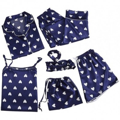 Sets 7 Pcs Silk Satin Pajamas Sleepwear Set Sexy Cami Shorts Pants Shirt PJ Nightwear Outfit - Blue - CF194W57YNX