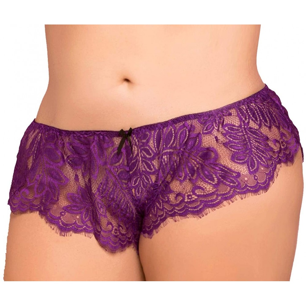 Panties Plus Size Sexy Eyelash Lace Boyshort Panties - Purple - CX184ZM8ZAZ