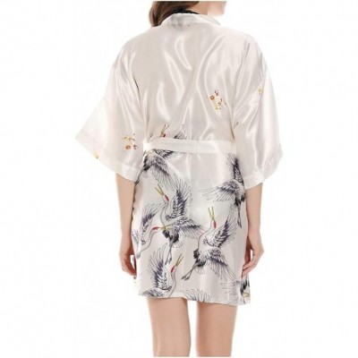 Robes Women's Satin Kimono Robe Short Crane Nightgrown Dressing Gown Silky Bridesmaid Robes Bathrobe Sleepwear - White - CR19...