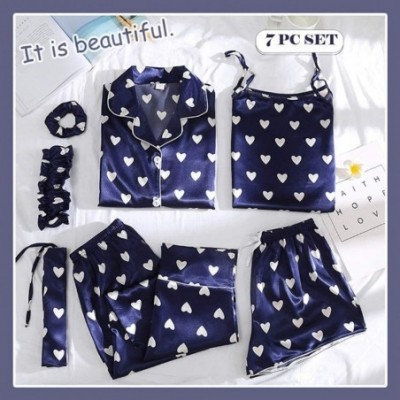 Sets 7 Pcs Silk Satin Pajamas Sleepwear Set Sexy Cami Shorts Pants Shirt PJ Nightwear Outfit - Blue - CF194W57YNX