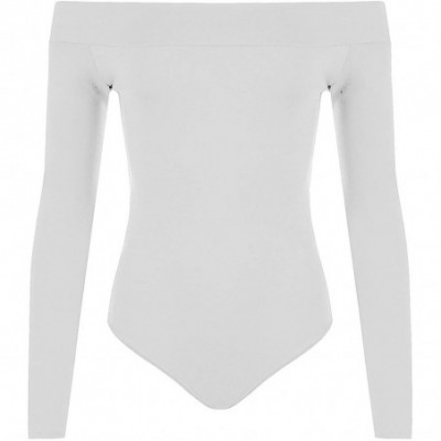 Shapewear Women's Off Shoulder Long Sleeve Bardot Bodysuit Ladies Plain Bandeau Leotard Top - White - CT18RT6HYL3