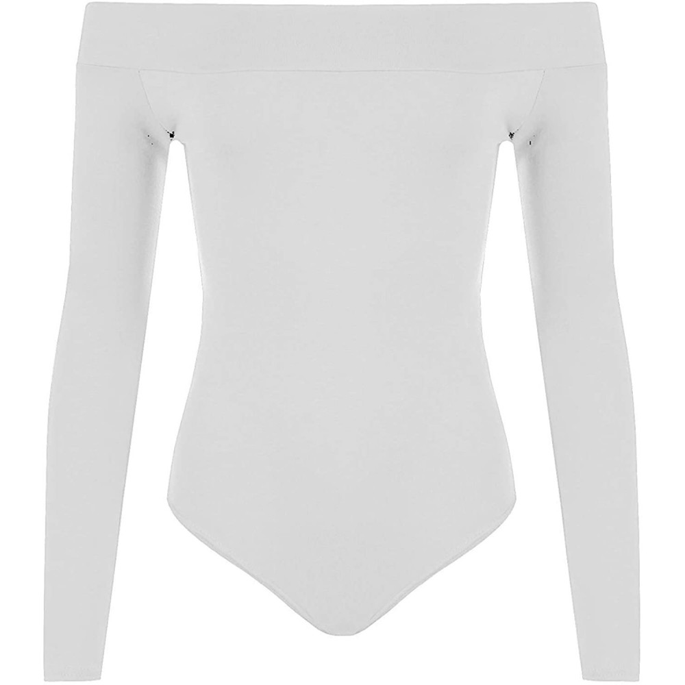 Shapewear Women's Off Shoulder Long Sleeve Bardot Bodysuit Ladies Plain Bandeau Leotard Top - White - CT18RT6HYL3