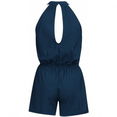 Garters & Garter Belts Women Summer Sleeveless Hollow Out Elastic Waist Pocket Casual Playsuit Jumpsuit - Blue - C3199N7QTA7