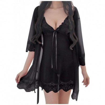 Nightgowns & Sleepshirts PJ Women's Sexy Silk Kimono Dressing Babydoll Lace Lingerie Belt Bath Robe Nightwear - Yblack - C219...