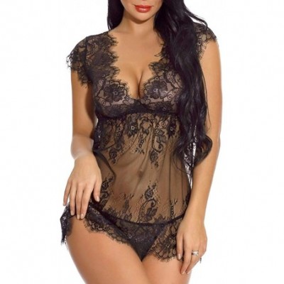 Baby Dolls & Chemises Women Babydoll Lingerie V Neck Eyelash Lace Chemise Flyway Nightwear Sleepwear - Black - CC190G78LDG