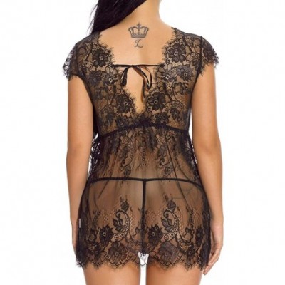 Baby Dolls & Chemises Women Babydoll Lingerie V Neck Eyelash Lace Chemise Flyway Nightwear Sleepwear - Black - CC190G78LDG